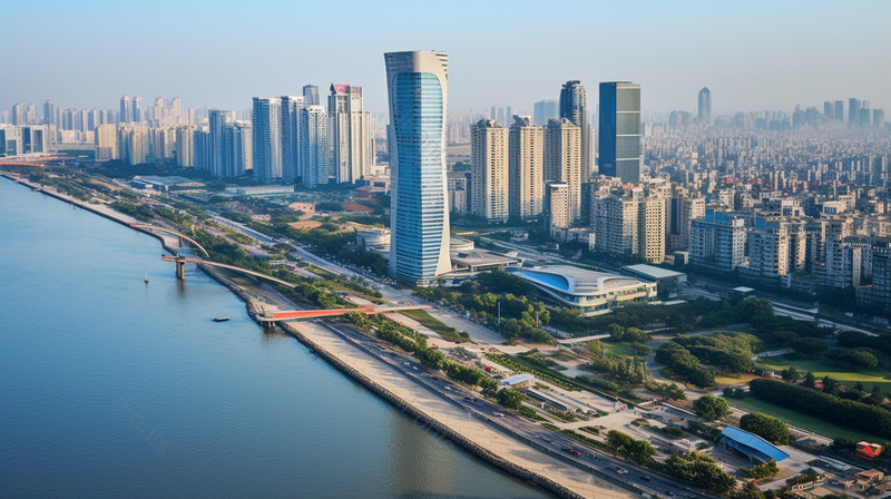 蓝天白云江边城市现代建筑,高清,摄影图,摄影图片,图片大全,摄影图免费下载